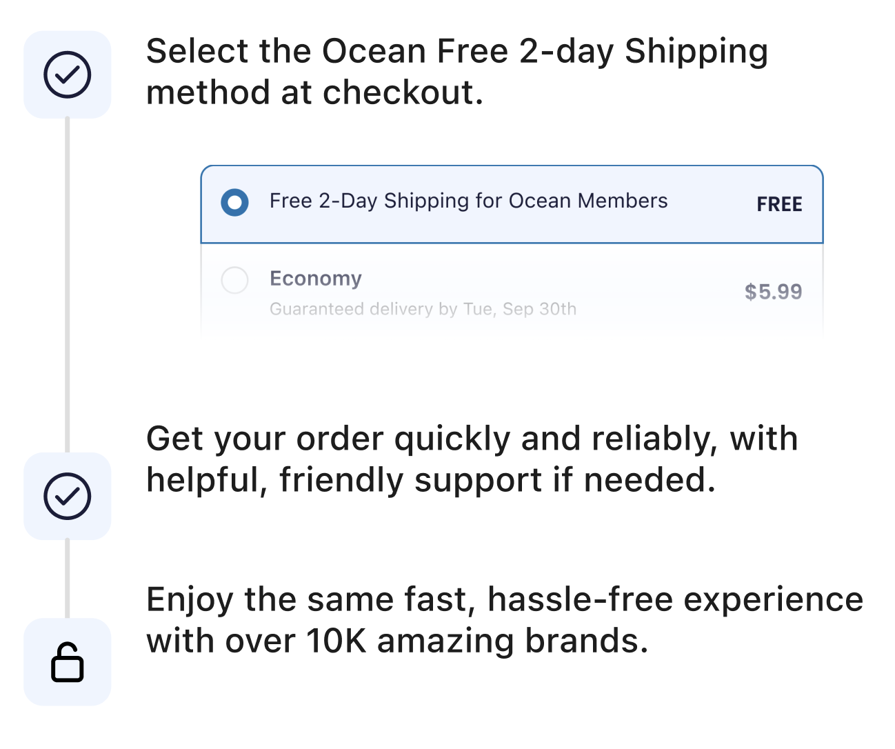Ocean shipping process: Select Ocean 2-Day Shipping at checkout, enjoy 30-day free trial, then $4.95 per month
